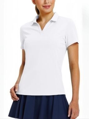 Baleaf White Golf Polo Shirts Collared V Neck Short Sleeve Tennis Shirt Dry Fit
